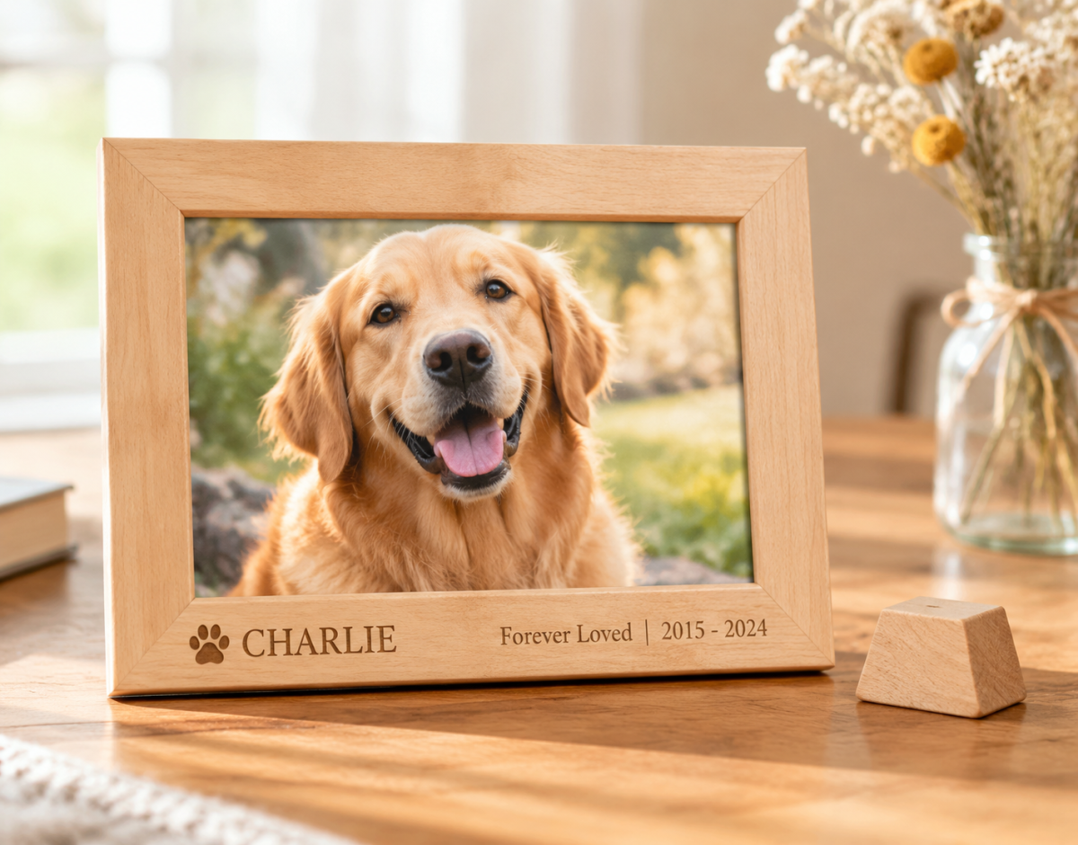 Personalized Solid Beech Wood Pet Memorial Frame with Free Photo Print | Rainbow Bridge Keepsake