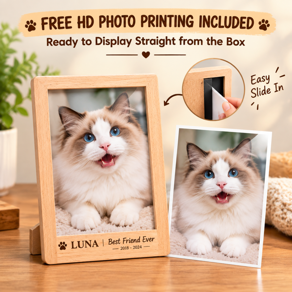 Personalized Solid Beech Wood Pet Memorial Frame with Free Photo Print | Rainbow Bridge Keepsake