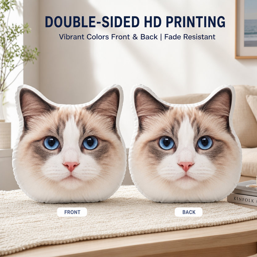Personalized Pet Shaped Pillow - Custom Double-Sided Photo Plush Dog & Cat Face Pillow