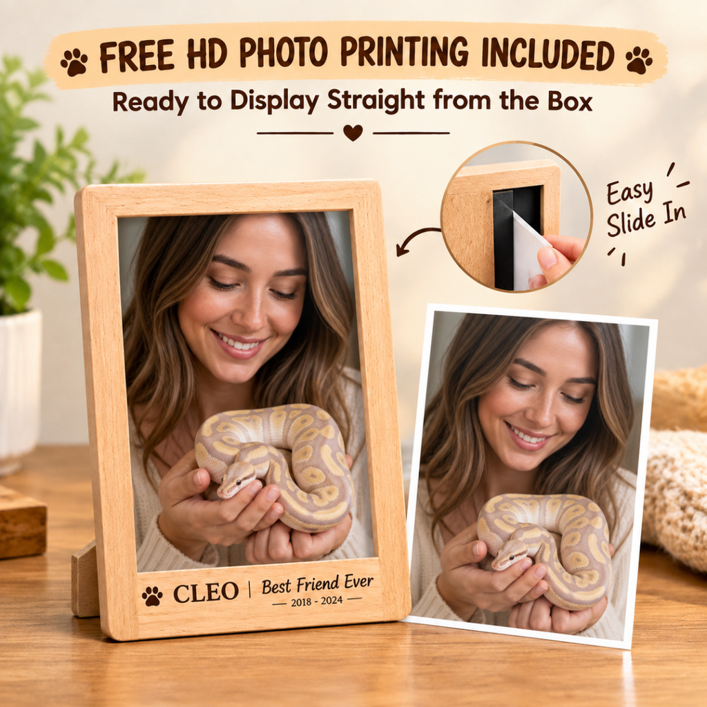 Custom Wooden Exotic Pet Photo Frame - Personalized Engraved Beech Wood Picture Frame with Free HD Photo Print for Reptile & Pet Lovers