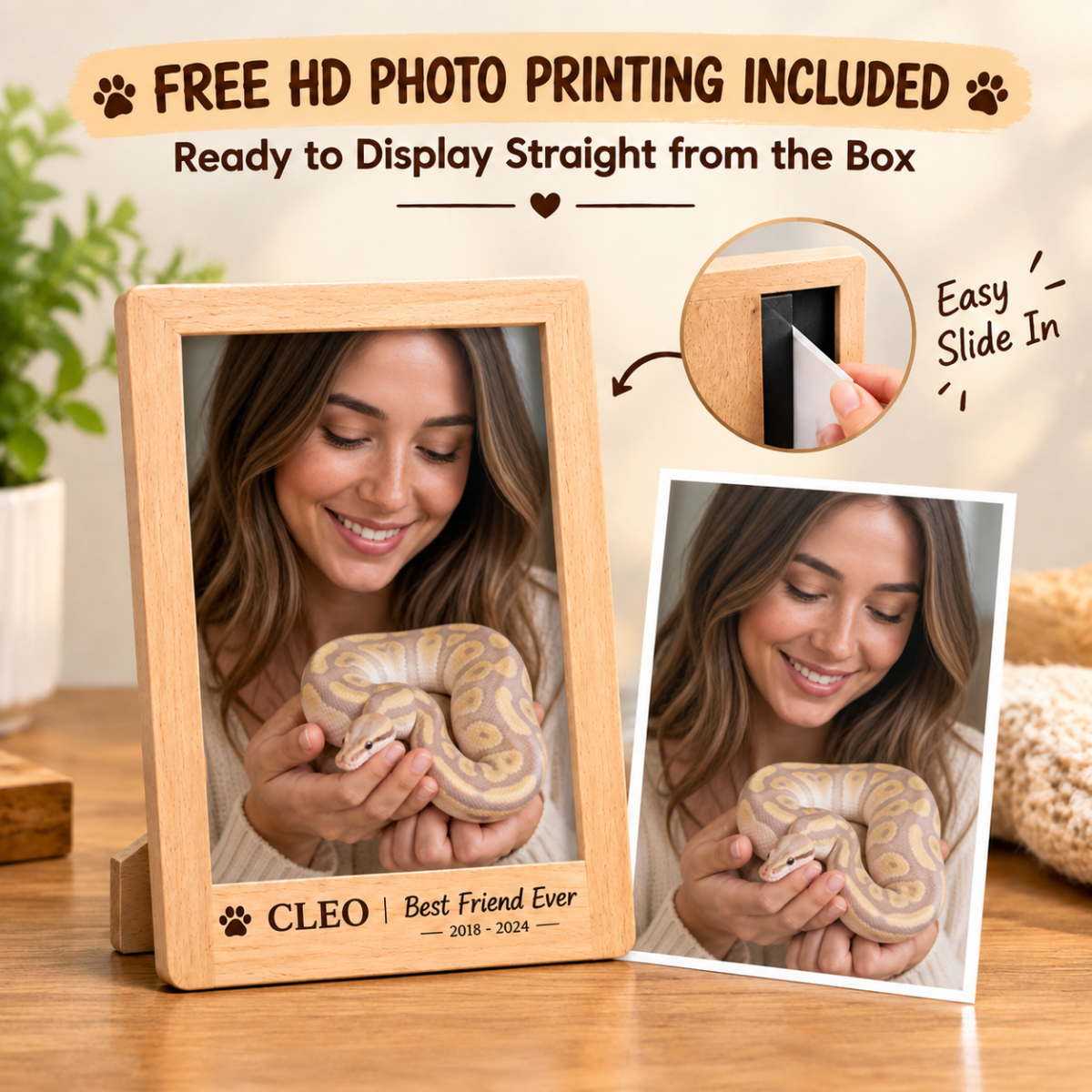 Custom Wooden Exotic Pet Photo Frame - Personalized Engraved Beech Wood Picture Frame with Free HD Photo Print for Reptile & Pet Lovers