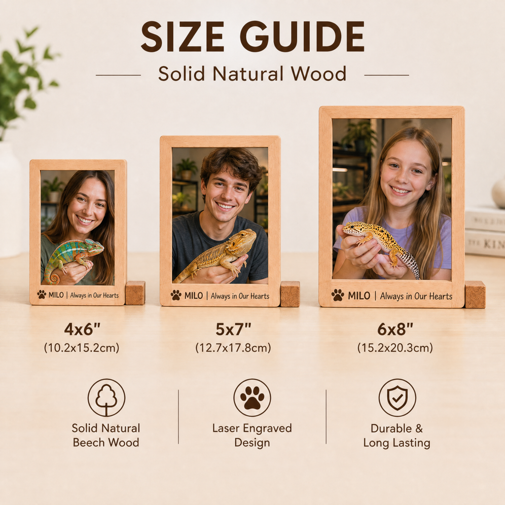 Custom Wooden Exotic Pet Photo Frame - Personalized Engraved Beech Wood Picture Frame with Free HD Photo Print for Reptile & Pet Lovers