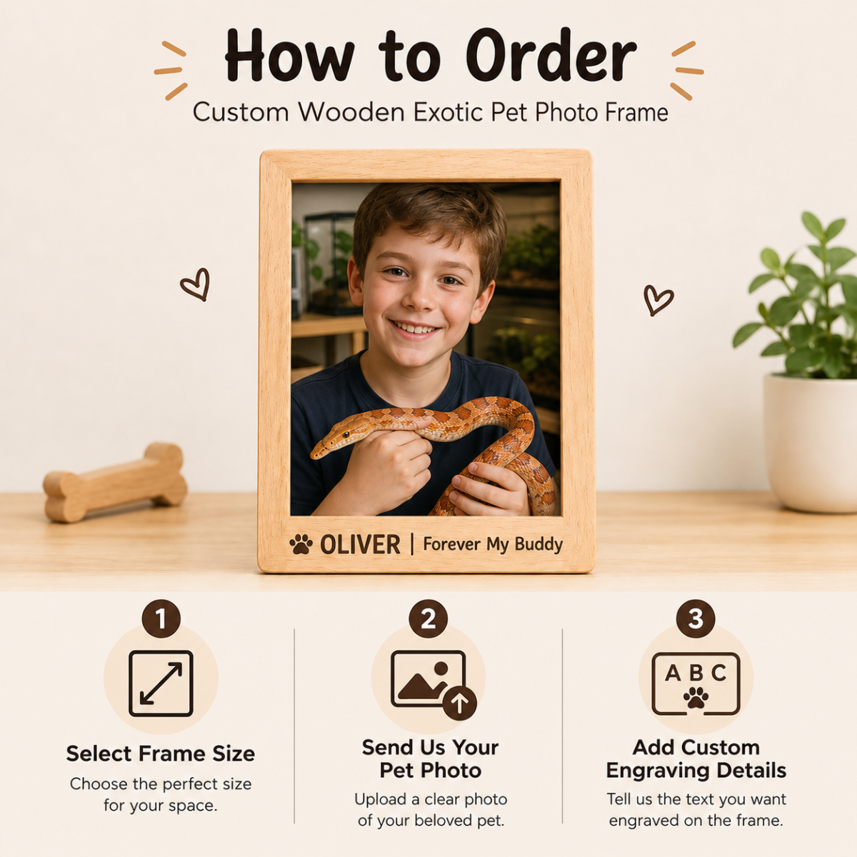 Custom Wooden Exotic Pet Photo Frame - Personalized Engraved Beech Wood Picture Frame with Free HD Photo Print for Reptile & Pet Lovers