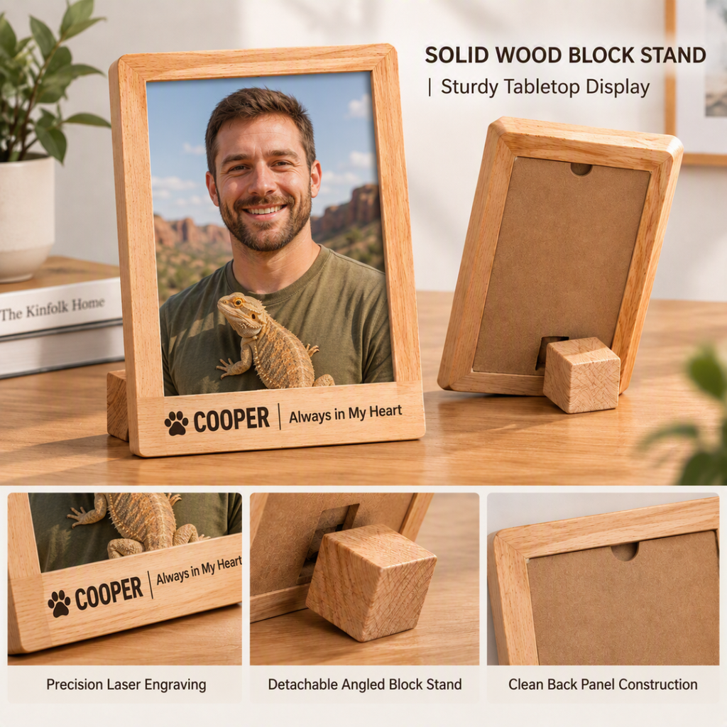 Custom Wooden Exotic Pet Photo Frame - Personalized Engraved Beech Wood Picture Frame with Free HD Photo Print for Reptile & Pet Lovers