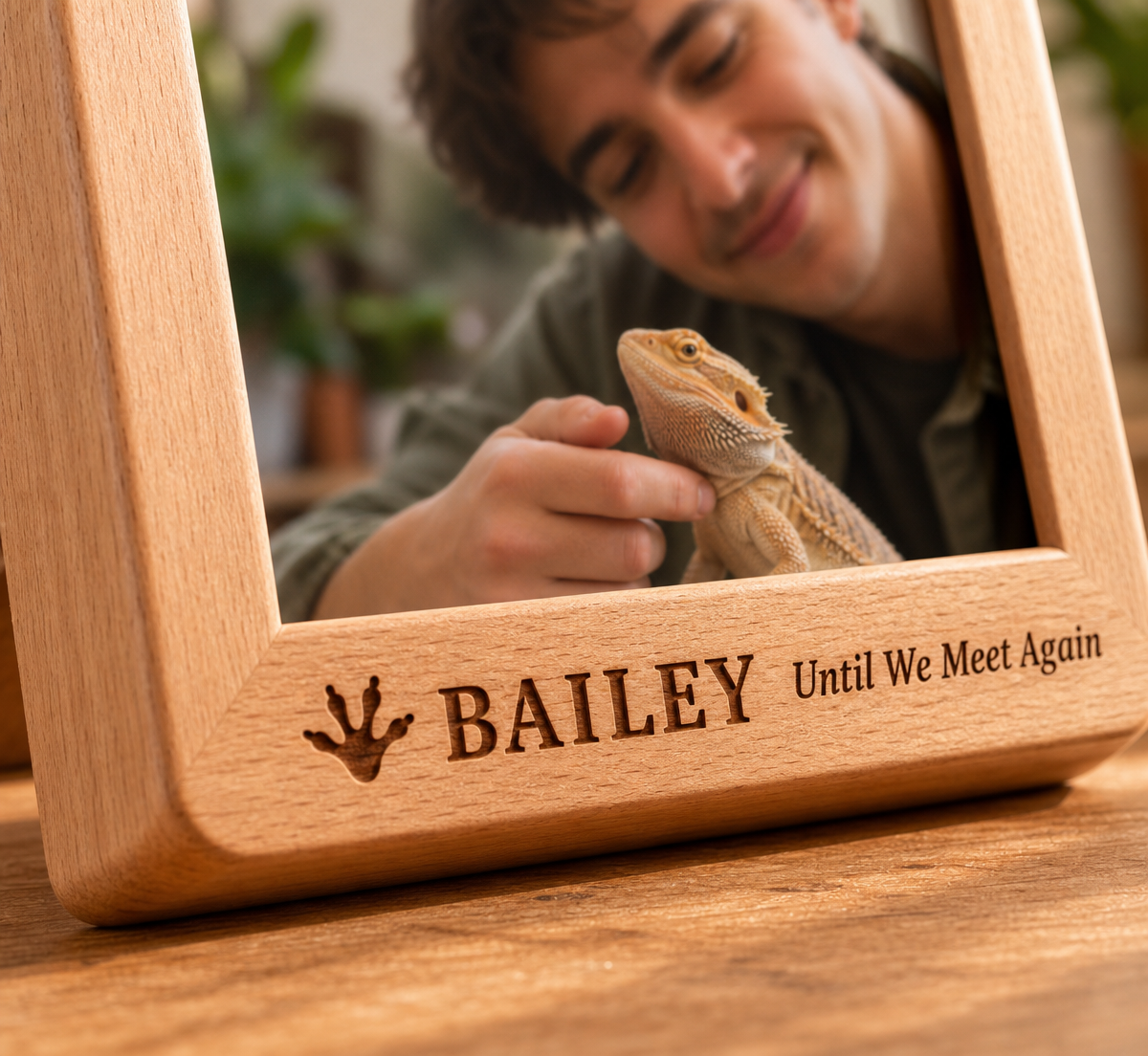 Custom Wooden Exotic Pet Photo Frame - Personalized Engraved Beech Wood Picture Frame with Free HD Photo Print for Reptile & Pet Lovers