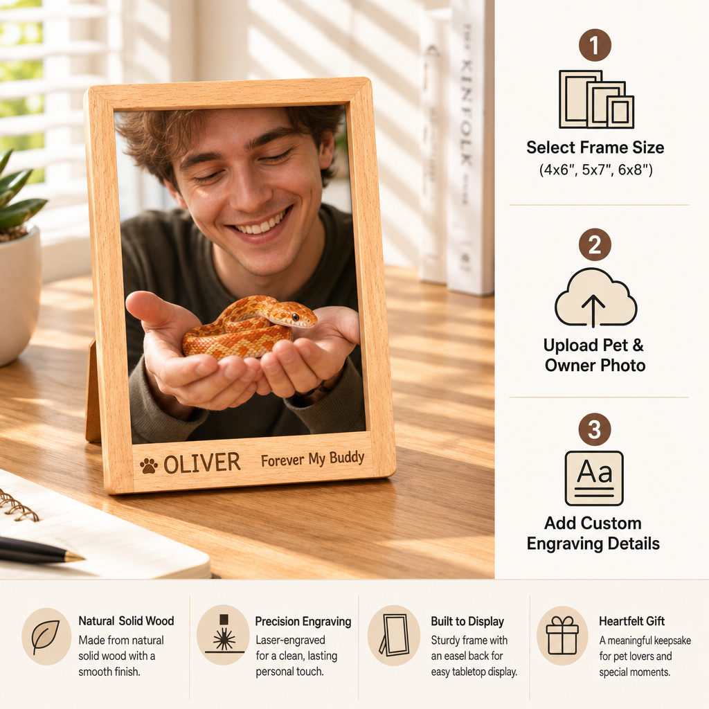 Custom Wooden Exotic Pet Photo Frame - Personalized Engraved Beech Wood Picture Frame with Free HD Photo Print for Reptile & Pet Lovers